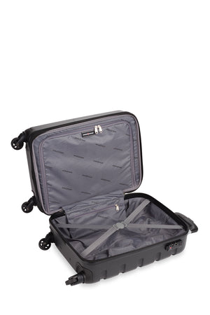 SWISSGEAR Signature 18” Expandable Carry On Hardside Spinner Luggage in Black Split case construct opens into zippered compartment and tie-down clothing straps for added protection