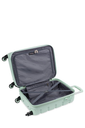 SWISSGEAR Signature 18” Expandable Carry On Hardside Spinner Luggage - Clearly Aqua Split case construct opens into zippered compartment and tie-down clothing straps for added protection