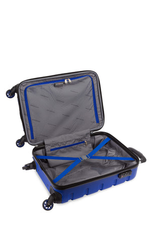 SWISSGEAR Signature 18” Expandable Carry On Hardside Spinner Luggage - Cobalt Blue Split case construct opens into zippered compartment and tie-down clothing straps for added protection