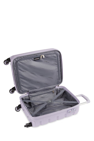 SWISSGEAR Signature 18” Expandable Carry On Hardside Spinner Luggage - Evening Haze Split case construct opens into zippered compartment and tie-down clothing straps for added protection