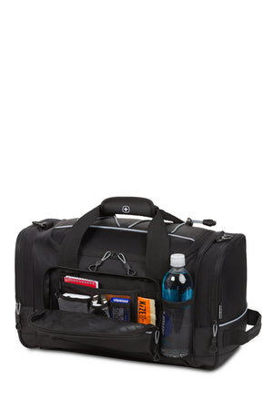 SWISSGEAR 9000 20” Apex Duffel Bag Front zip organizer compartment with key clip and divider pockets for ID, pens, and smartphone